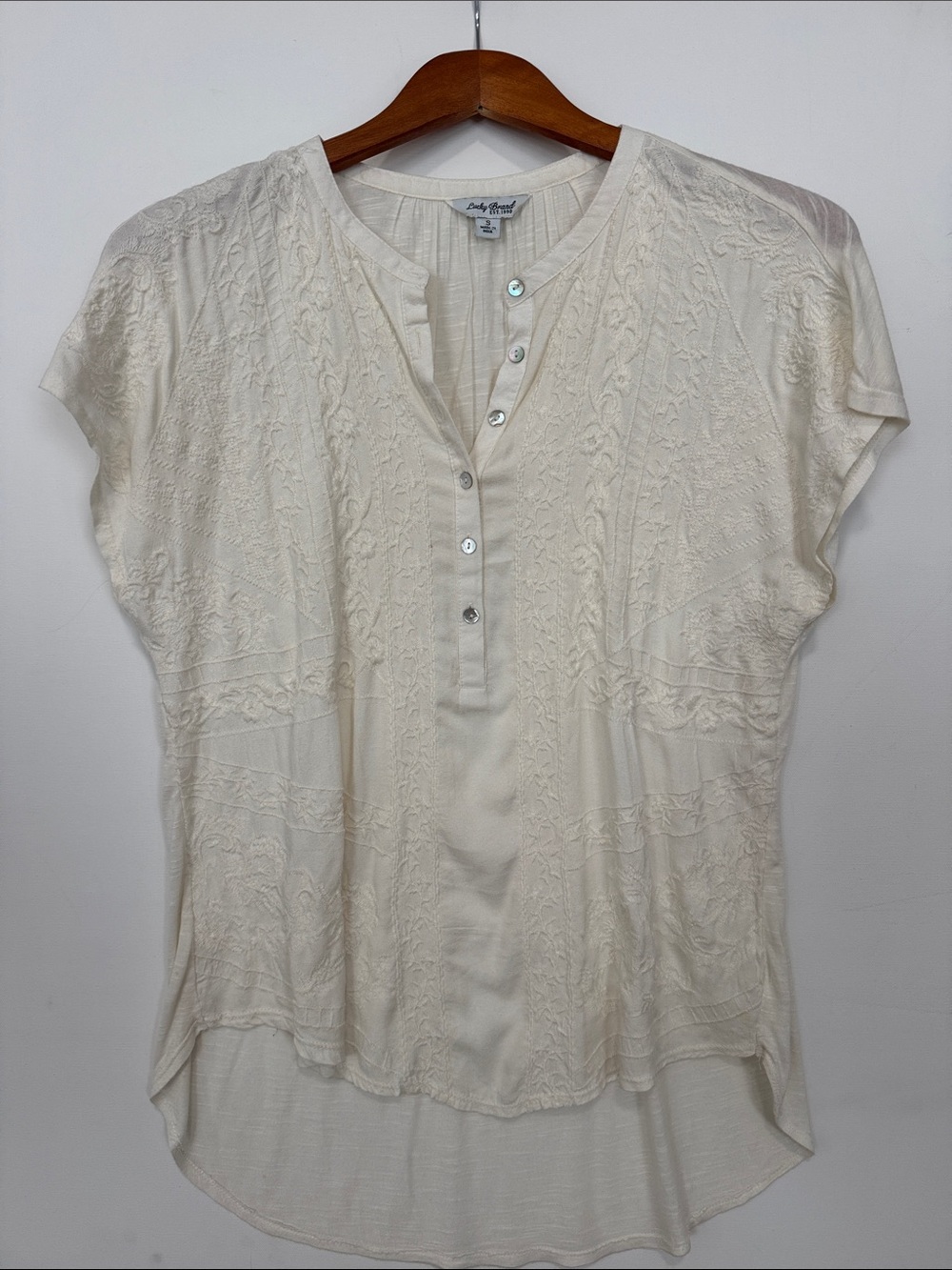 Lucky Brand Cream Embroidered Henley Blouse